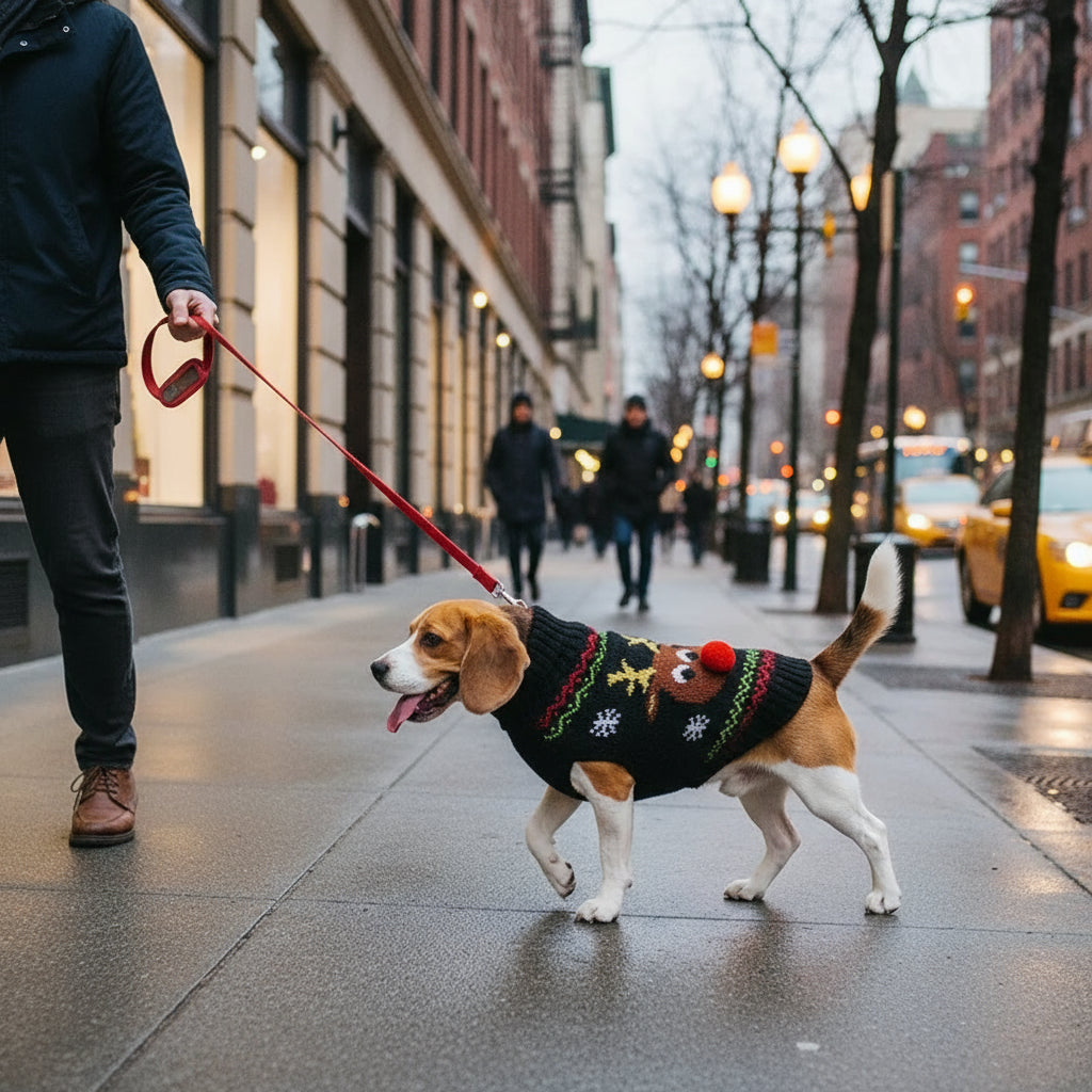 Beagle met Zwarte Rendier Kerst Trui wandelend met zijn baas in de stad