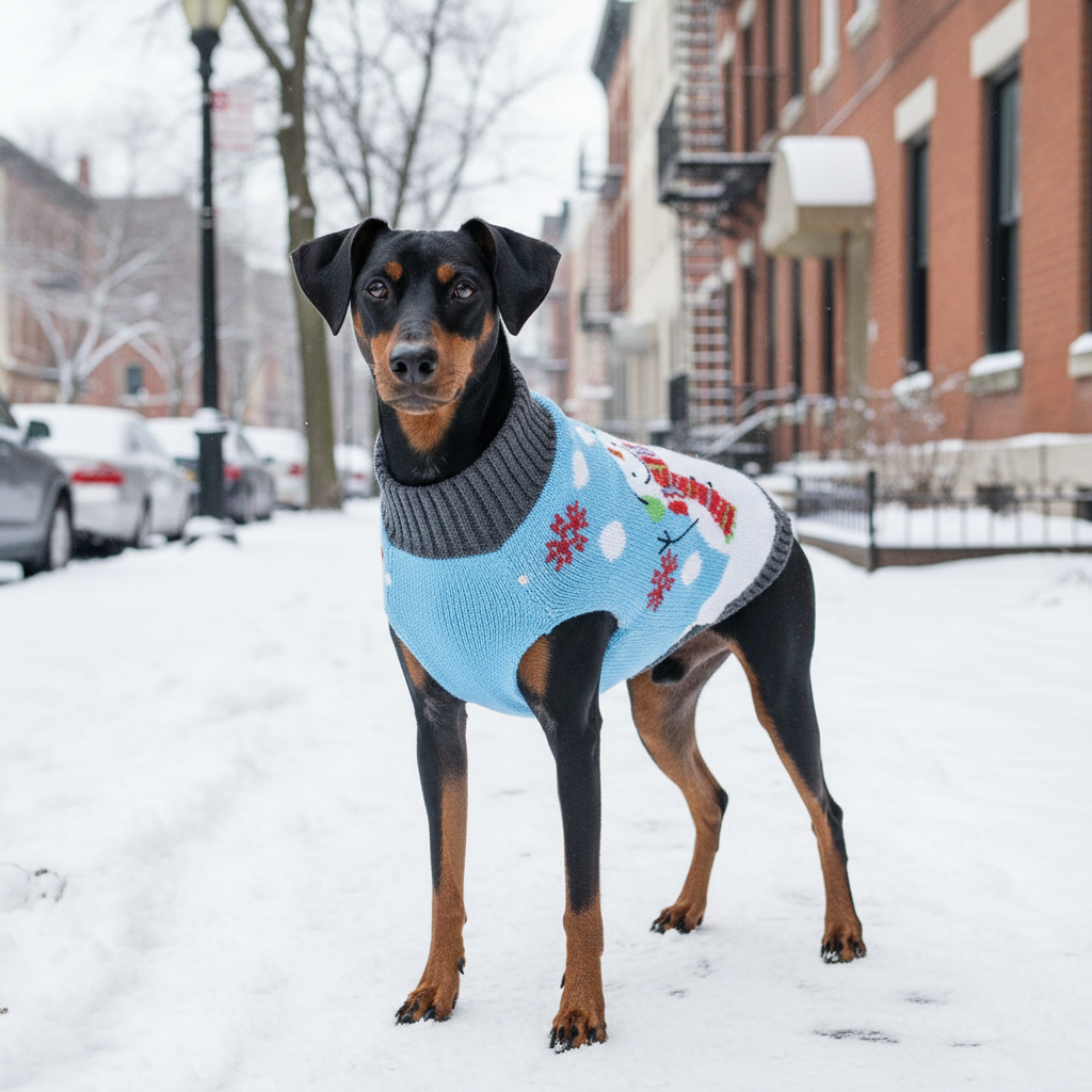 Doberman met Lichtblauwe Iceman Kerst Trui buiten in de stad in de sneeuw