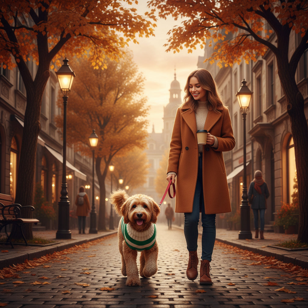 Labradoodle met groen/witte rendier kerst trui met zijn baas wandelend in de stad