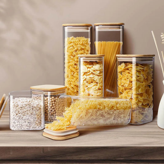 Vierkante glazen voorraadpotten met bamboe deksel voor koffiebonen, granen, noedels, etc.