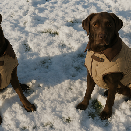 Twee bruine labradors in de sneeuw, dragend stijlvolle beige hondenjassen met bruine accenten — duurzame hondenmode van Richard’s Specials Store.