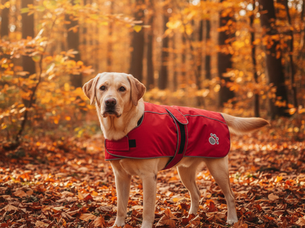 blonde Labrador met rode Trixie jas in een herfstbos