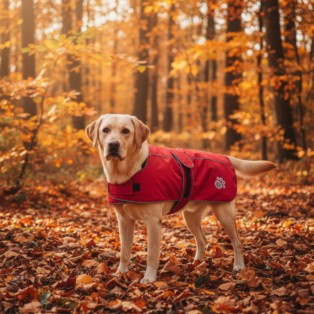 blonde Labrador met rode Trixie jas in een herfstbos