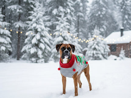 Teckel met Rode Rendier Kerst Trui in een sneeuwlandschap met blokhut en bossen op de achtergrond