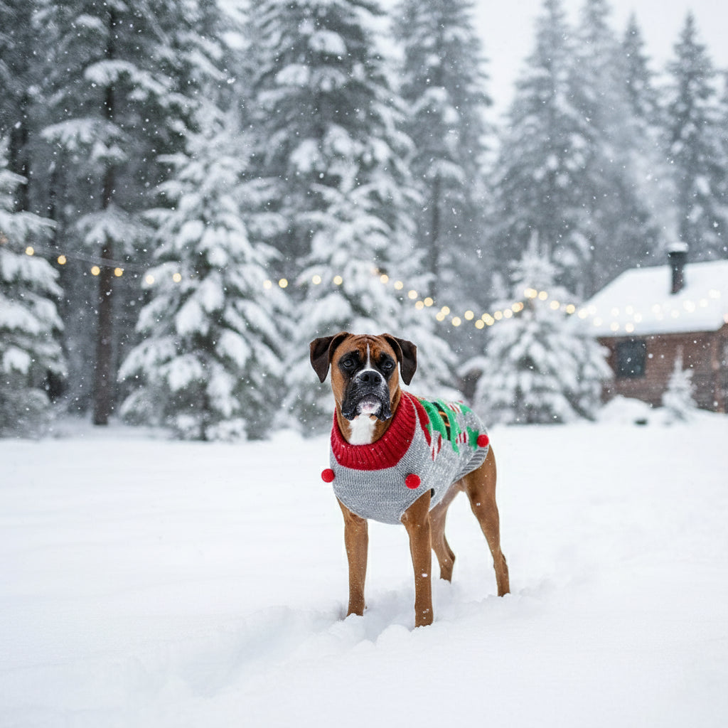 Teckel met Rode Rendier Kerst Trui in een sneeuwlandschap met blokhut en bossen op de achtergrond