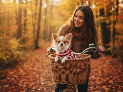 Chihuahua met een Rood Wit Gestreepte Kerstman Kerst Trui in een fietsmandje met zijn baasje op een bospad in de hersft