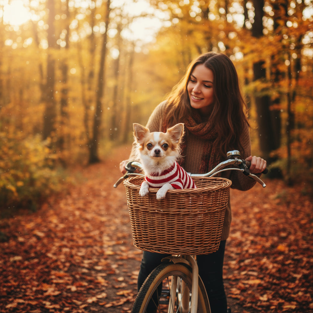 Chihuahua met een Rood Wit Gestreepte Kerstman Kerst Trui in een fietsmandje met zijn baasje op een bospad in de hersft