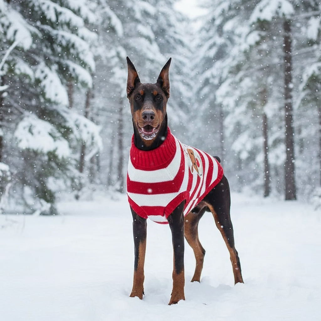 Doberman met rood/wit gestreepte rendier kerst trui in het bos in de sneeuw