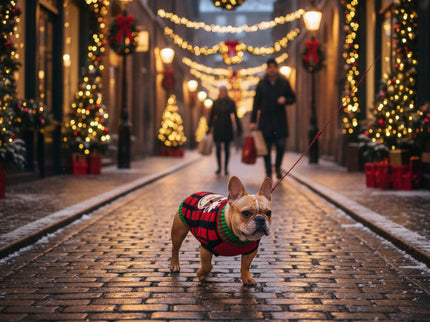 Franse Buldog met rood/zwart geblokte rendier kerst trui wandelend in de stad met kerstverlichting