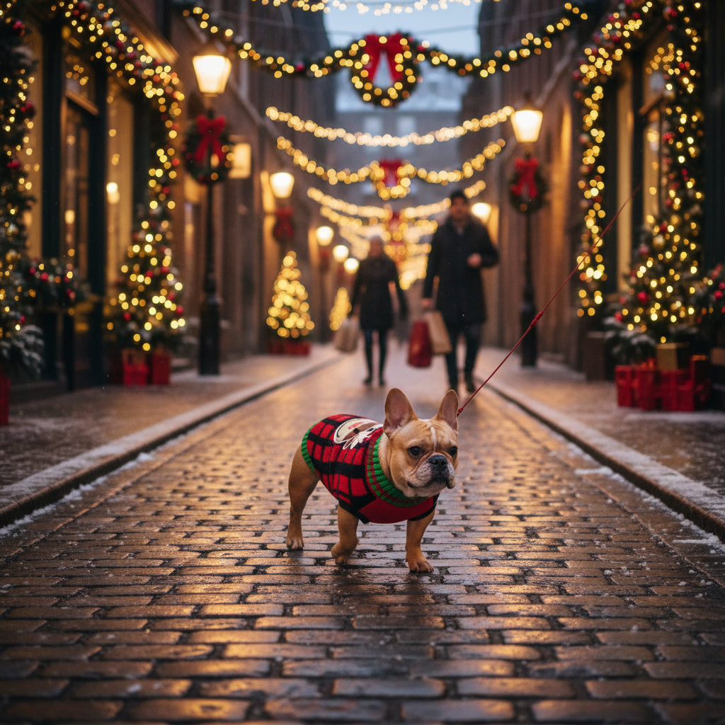 Franse Buldog met rood/zwart geblokte rendier kerst trui wandelend in de stad met kerstverlichting