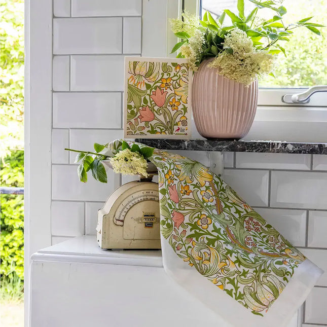 Kadoset William Morris Golden Lilly Green| Vaatdoek + Halflinnen Theedoek