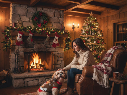 Labradoodle met bruine rendier kerst trui in een blokhut met baasje bij haardvuur
