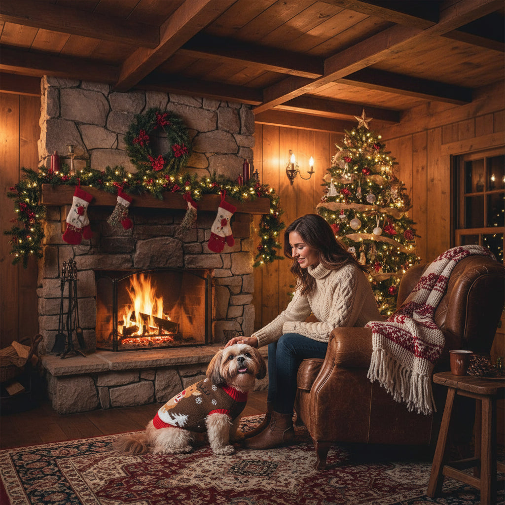 Labradoodle met bruine rendier kerst trui in een blokhut met baasje bij haardvuur