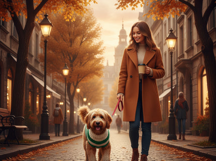 Labradoodle met groen/witte rendier kerst trui met zijn baas wandelend in de stad
