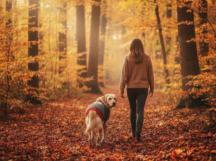 Labrador met Grijze Rendier Kerst Trui in het bos met zijn baas aan het wandelen