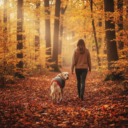 Labrador met Grijze Rendier Kerst Trui in het bos met zijn baas aan het wandelen