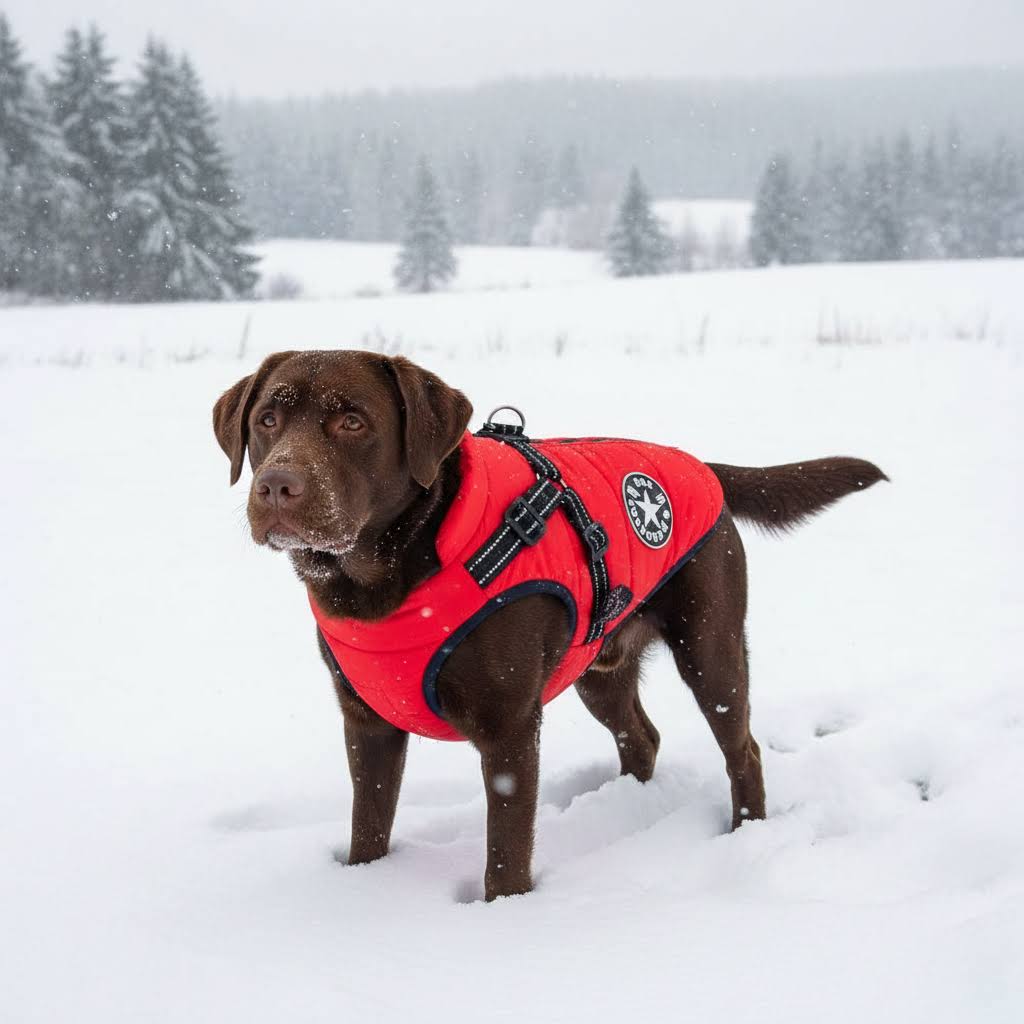 Waterdichte hondenjas met harnas en wintervoering.