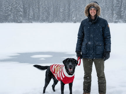 Labrador met rood/wit gestreepte Gingerbread kerst trui op een bevroren meer in de sneeuw met zijn baas