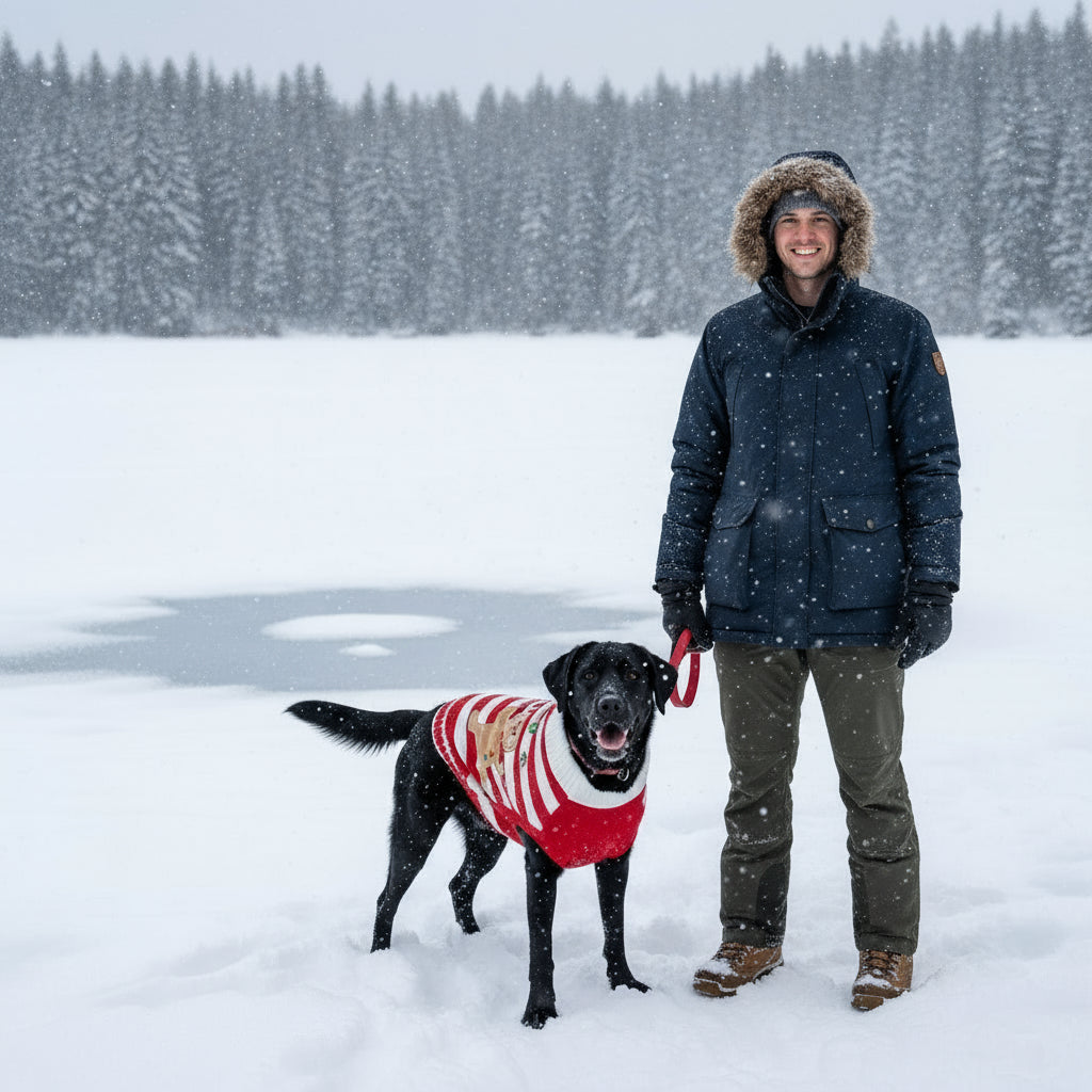Labrador met rood/wit gestreepte Gingerbread kerst trui op een bevroren meer in de sneeuw met zijn baas