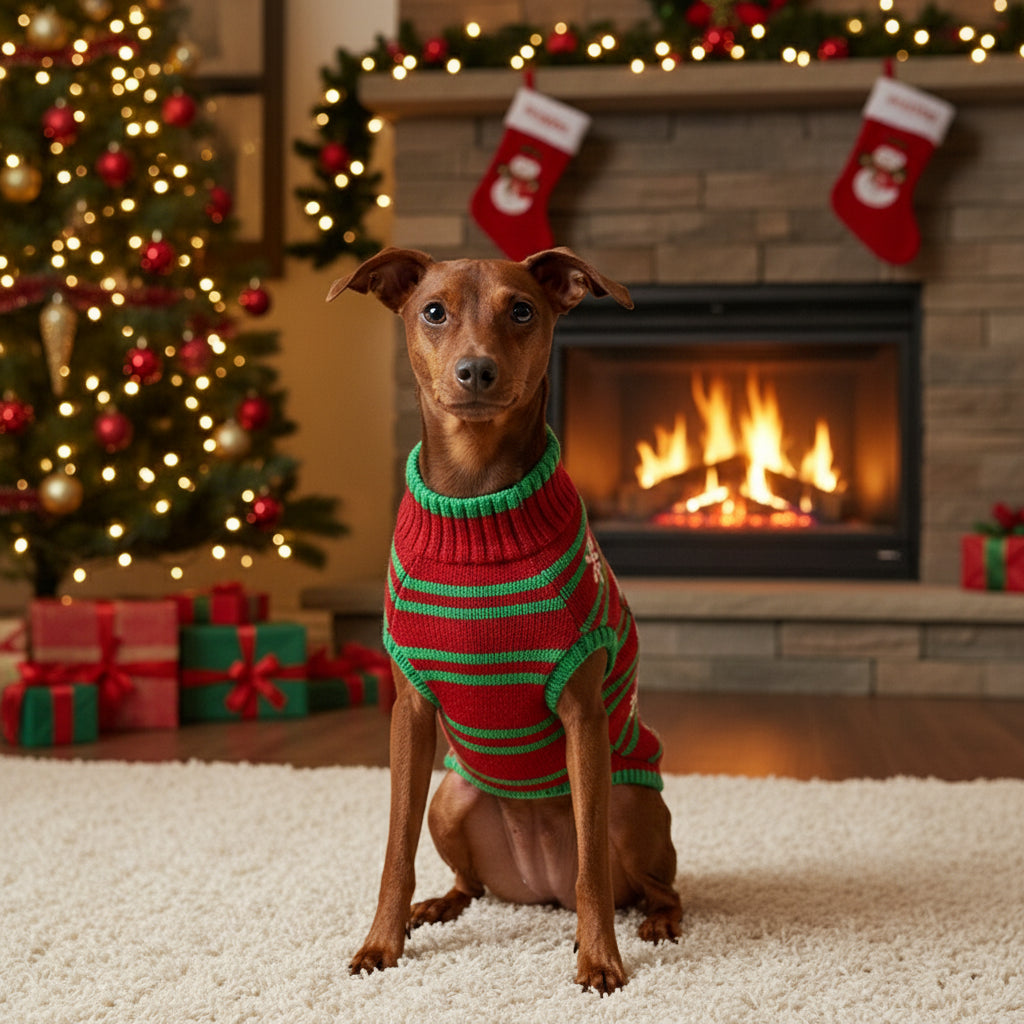 Pincher met Striped Snowman Kerst Trui voor de open haard met kerstboom op de achtergrond