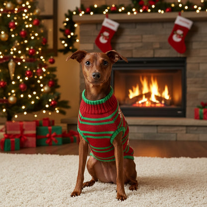 Pincher met Striped Snowman Kerst Trui voor de open haard met kerstboom op de achtergrond