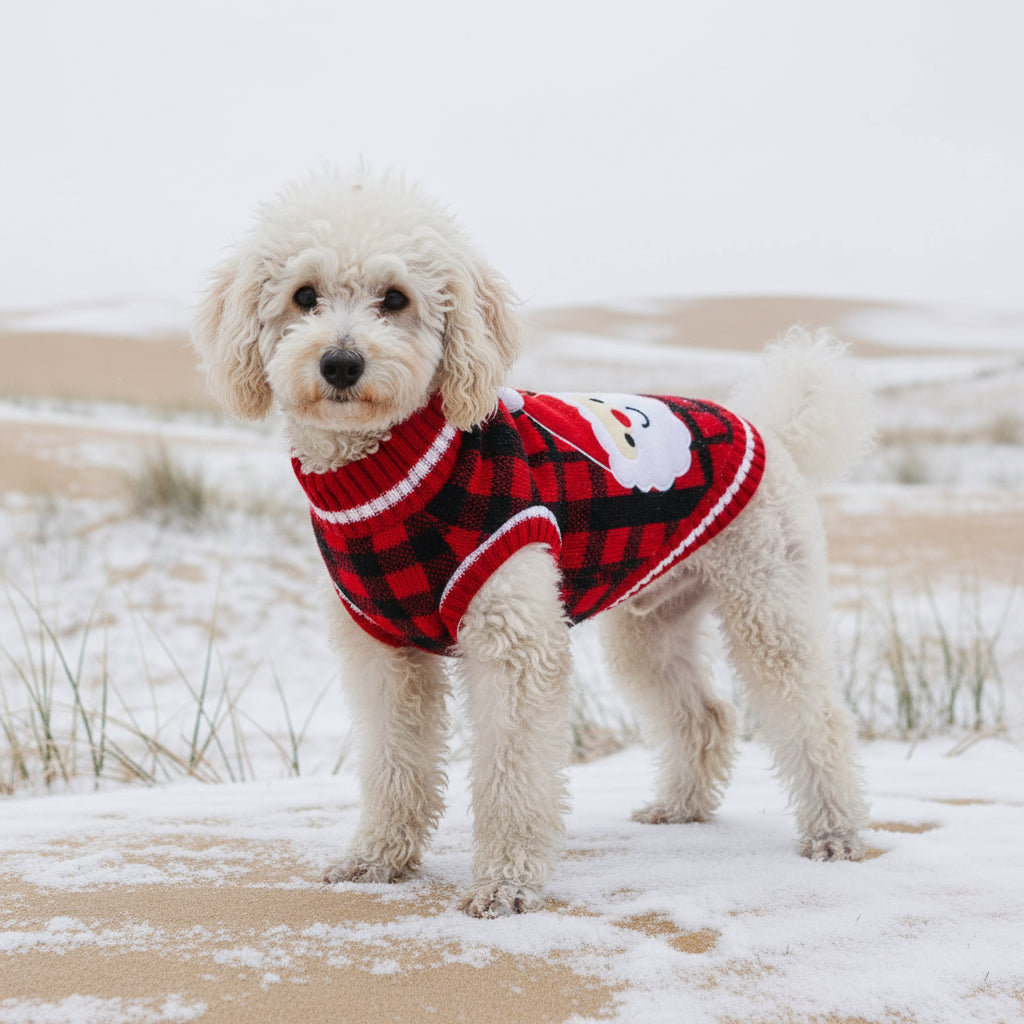 Poedel met rood/zwart geblokte kerstman kerst trui in de besneeuwde duinen
