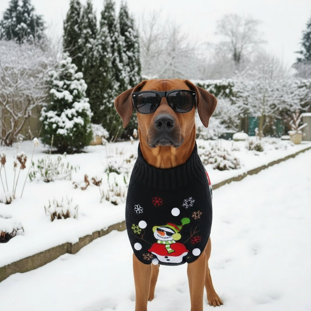 Ridgeback met zwarte foute kerstman kerst trui en een zwarte zonnebril op in de tuin in de sneeuw 