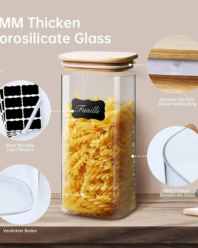 Vierkante glazen voorraadpotten met bamboe deksel voor koffiebonen, granen, noedels, etc. - Richards-Specials-Store.com