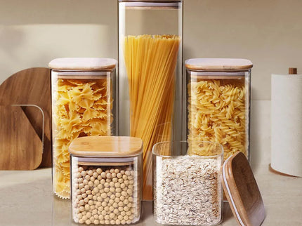 Vierkante glazen voorraadpotten met bamboe deksel voor koffiebonen, granen, noedels, etc.