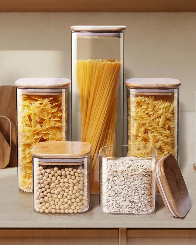 Vierkante glazen voorraadpotten met bamboe deksel voor koffiebonen, granen, noedels, etc. - Richards-Specials-Store.com