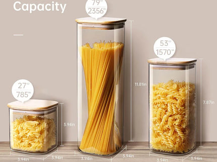 Vierkante glazen voorraadpotten met bamboe deksel voor koffiebonen, granen, noedels, etc.