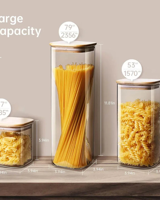 Vierkante glazen voorraadpotten met bamboe deksel voor koffiebonen, granen, noedels, etc. - Richards-Specials-Store.com