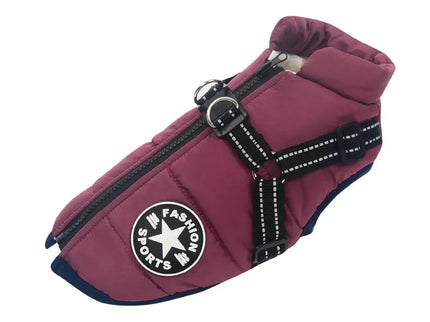 Waterdichte hondenjas met harnas en wintervoering.