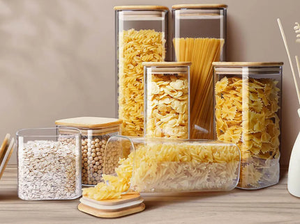 Vierkante glazen voorraadpotten met bamboe deksel voor koffiebonen, granen, noedels, etc.