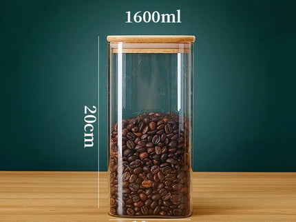 Vierkante glazen voorraadpotten met bamboe deksel voor koffiebonen, granen, noedels, etc.