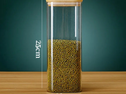 Vierkante glazen voorraadpotten met bamboe deksel voor koffiebonen, granen, noedels, etc.