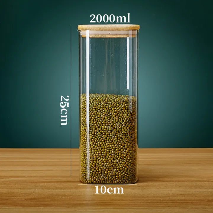 Vierkante glazen voorraadpotten met bamboe deksel voor koffiebonen, granen, noedels, etc.