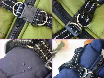 Waterdichte hondenjas met harnas en wintervoering.