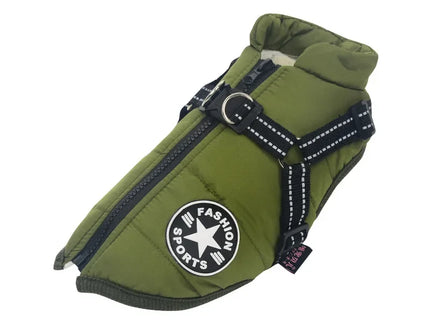 Waterdichte hondenjas met harnas en wintervoering.