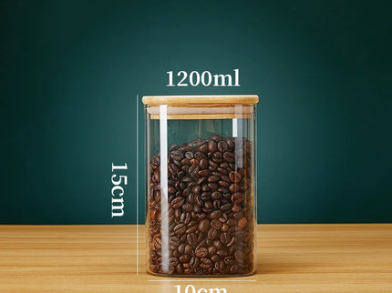 Vierkante glazen voorraadpotten met bamboe deksel voor koffiebonen, granen, noedels, etc.