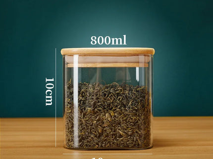 Vierkante glazen voorraadpotten met bamboe deksel voor koffiebonen, granen, noedels, etc.