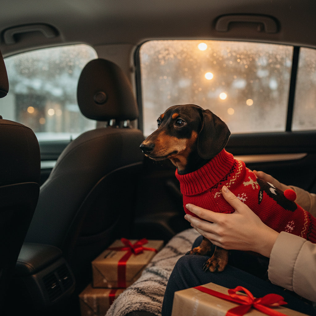 Teckel met Rode Rendier Kerst Trui op schoot van baas in de auto met kerstcadeaus