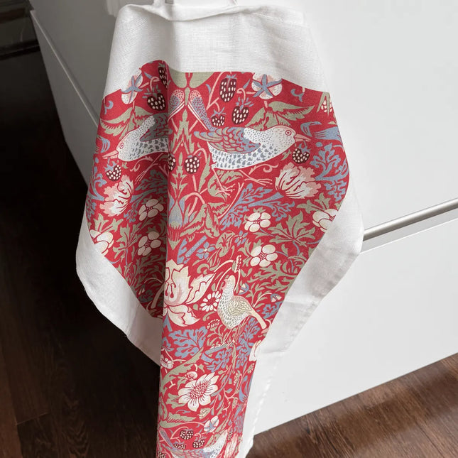 Halflinnen Theedoek William Morris Strawberry Thief Red
