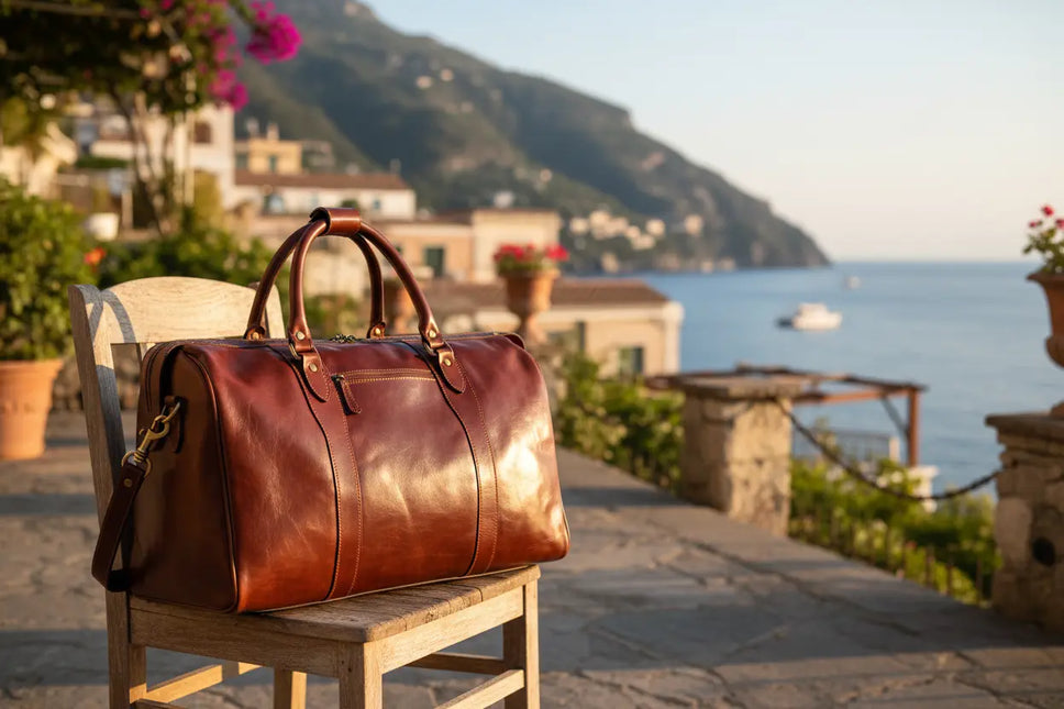 Vincenza Italiaans leren weekendtas op stoel aan de Italiaanse kust