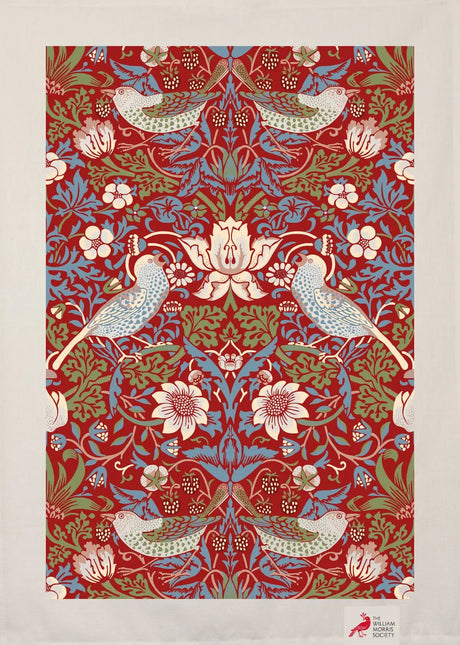 Halflinnen Theedoek William Morris Strawberry Thief Red