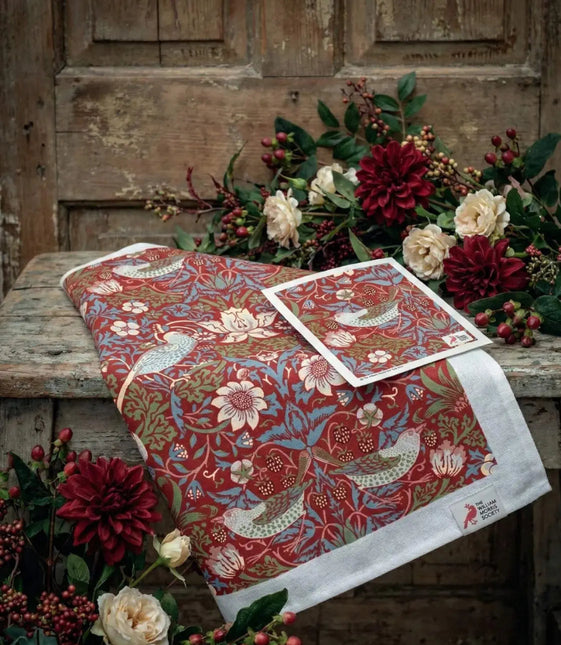 Kadoset William Morris Strawberry Thief Red | Vaatdoek + Halflinnen Theedoek