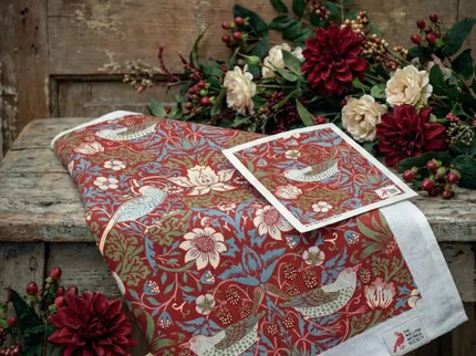 Kadoset William Morris Strawberry Thief Red | Vaatdoek + Halflinnen Theedoek