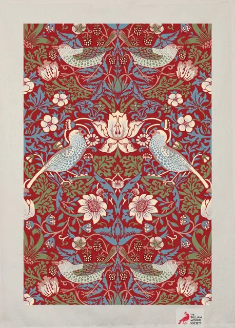 Halflinnen Theedoek William Morris Strawberry Thief Red